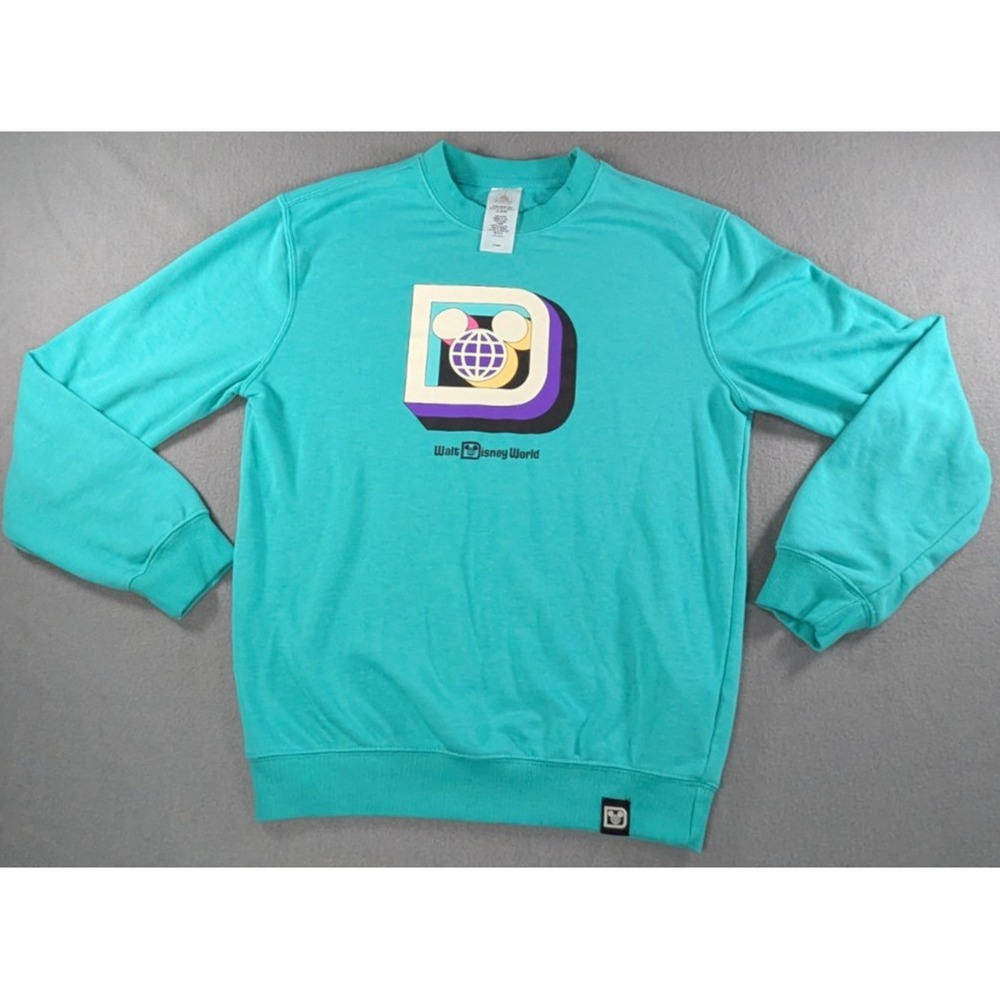 Disney Walt Disney World Retro‎ Logo Sweatshirt Size S Teal Blue Crewneck